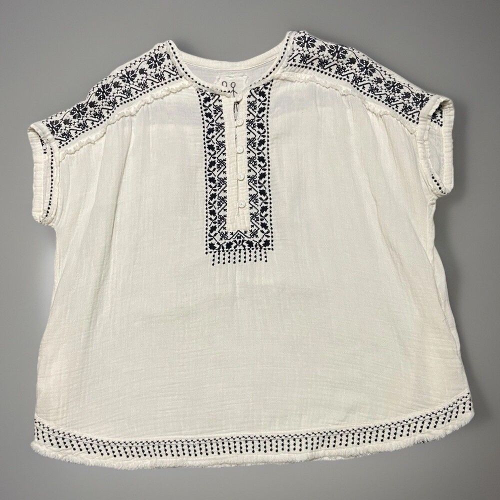 Johnny Was Brunay Cream w/black  Embroidery Blouse Tunic Sz Large Oversized Boho